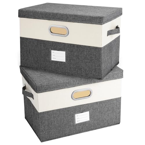 Large Linen Fabric Foldable Storage Bins with Removable Lid and Handles (2 Count)