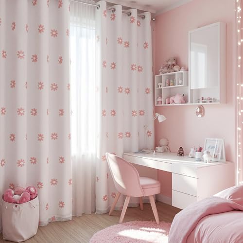 Blackout Curtains for Girls Bedroom 63 Inch Long Pink Floral Curtains for Kids Room 2 Panels 100% Room Darkening Daisy Flower Window Treatment 2 Layered Drapes Toddler Grommet 50W x 63L (2 Count)