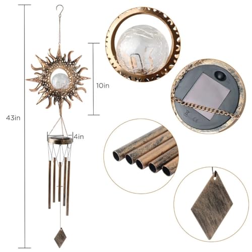 Solar Sun Wind Chimes for Outside Unique Gardening Gifts for Women Mom Grandma Crackle Glass Ball LED Wind Chimes Solar Lights Outdoor Decor Decorative Light for Garden Patio Yard Porch