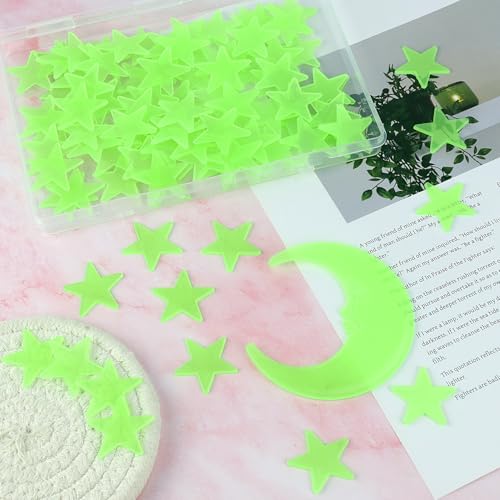 100 Stars and 1 Moon Glow in The Dark Luminous Fluorescent 3D Plastic Glow Stars Moon for Ceiling (101 Count)