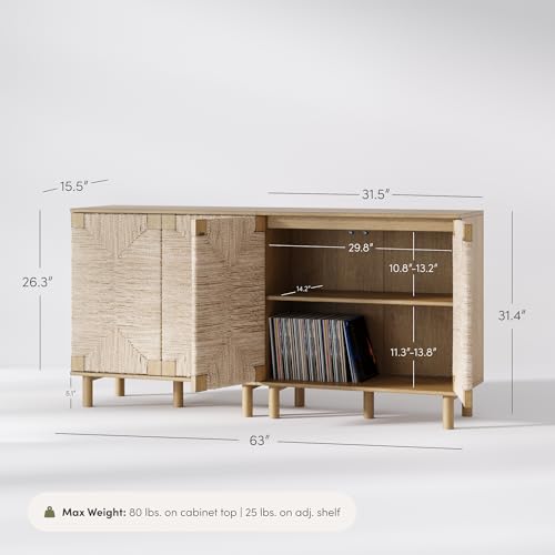 Beacon Accent Natural Sideboard Storage Cabinet TV Stand in Light Wood with Adjustable Interior Shelf and Seagrass Doors