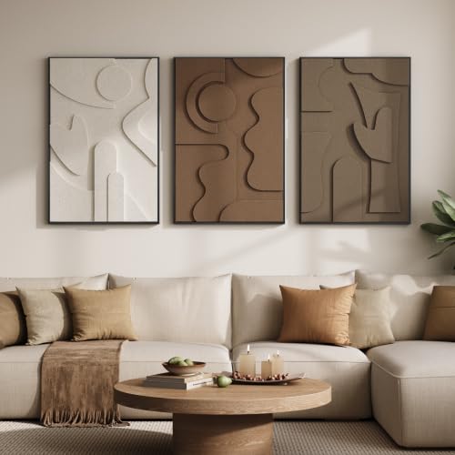 Large 3D Textured Framed Neutral Abstract Wall Art for Living Room (3 Count)