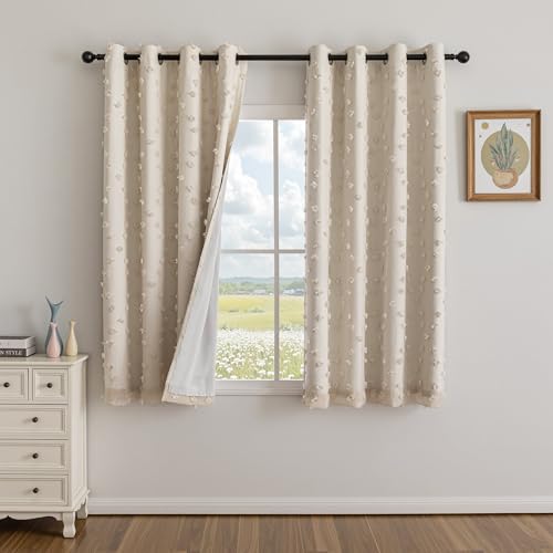 Beige Pom Pom Blackout Curtains for Girls Bedroom 63 Inch Long 100% Room Darkening Curtain for Kids Room 2 Panels Small Window Treatment Grommet 2 Layered Drapes Toddler 50W x 63L (2 Count)