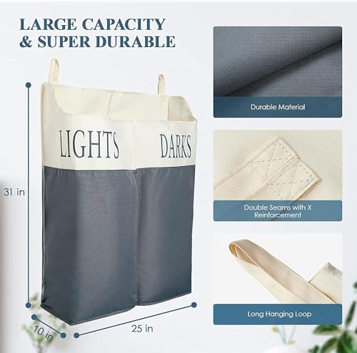 TFLC X Large Two Compartments Hanging Laundry Hamper with Hooks