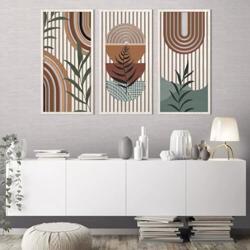 Large Boho Wood Wall Art 16x32 Inch Mid Century Modern Bohemian Wooden Wall Decor Brown Minimalist Geometric Plant Decor for Bedroom Living Room Dining Room Set of 3 (3 Count)