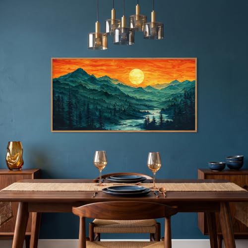 Boho Mountain Sunset Landscape Framed Canvas Wall Art