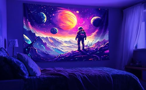 Blacklight Space Astronaut Tapestry UV Reactive Galaxy Planet Glow in Dark Tapestries Black Light Poster Neon Wall Hanging Art for bedroom Living Room