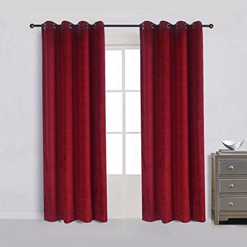 Set of 2 Velvet Flannel Room Darkening Blackout Curtains Panels Drapes Grommet 52 Wide by 108 Long Red for Living Room (2 Count)