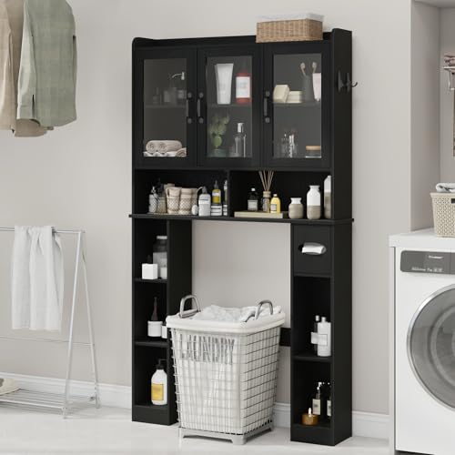 Black Over The Toilet Storage Cabinet with Glass Doors