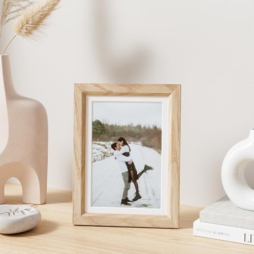 5x7 Picture Frame Set of 4 Natural Solid Oak Photo Frames with 4x6 Removable Mat Wall Hanging Large Handcrafted Frame with HD Plexiglass Wall and Tabletop Display Large Poster Frame (4 Count)
