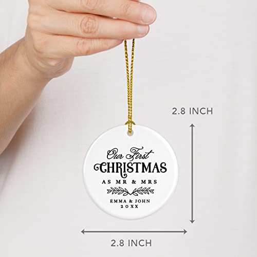 Personalized Our First Christmas As Mr. & Mrs. 2026 Christmas Ornaments Laurel Wreath Leaves 2.8" Round Porcelain Ceramic 1st Year Married Custom Ornament Keepsake for Newlyweds 1