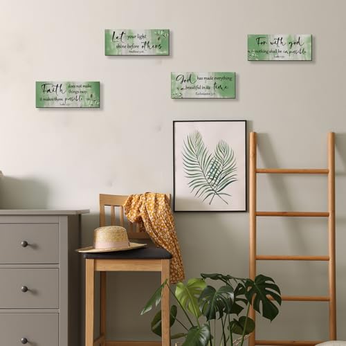 4 Pieces Green Bathroom Decor Bible Verses Wall Art Wooden Abstract Office Christian Wall Sign Religious Art for Women Office Home Bedroom Living Room (4 Count)