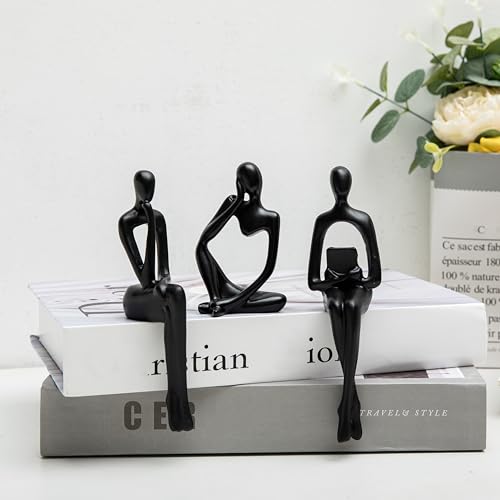 Abstract Small Black Reading Thinker Statue for Book Shelf Office (3 Count)