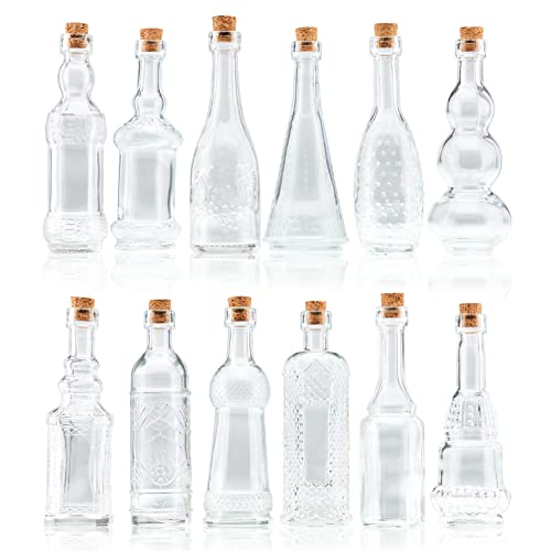 Small Mini Clear Vintage Glass Bottles with Corks (12 Count)