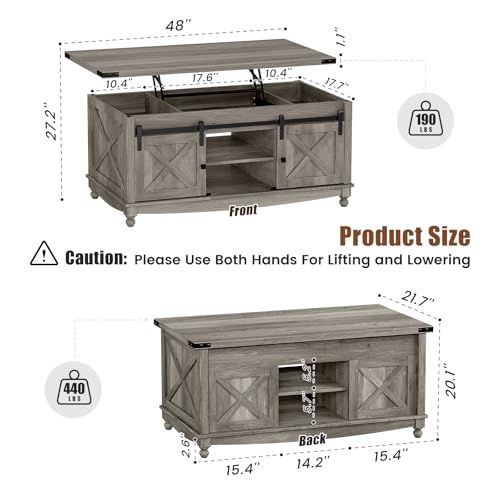 48" Farmhouse Lift Top Coffee Table with Storage Sliding Barn Door & Large Hidden Compartment
