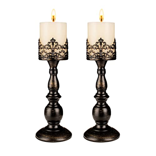 Candle Holders for Pillar Candles Gothic Distressed Black Vintage Tall Candle Holders Set of 2 Decorative Large Table Centerpieces Candle Stand Decor (2 Count)