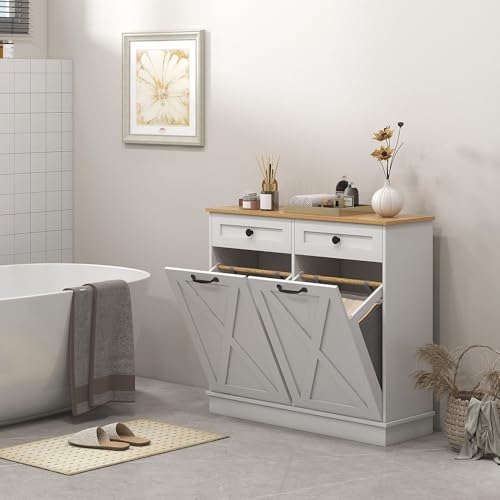 Tilt Out Laundry Hamper Cabinet with 2 Removable Baskets