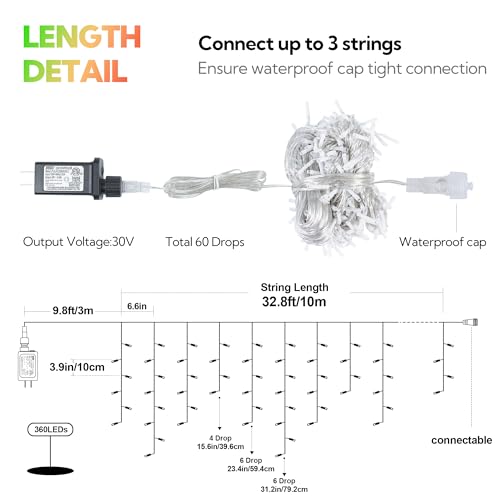 33FT 360 LED Red Green Christmas Icicle Lights