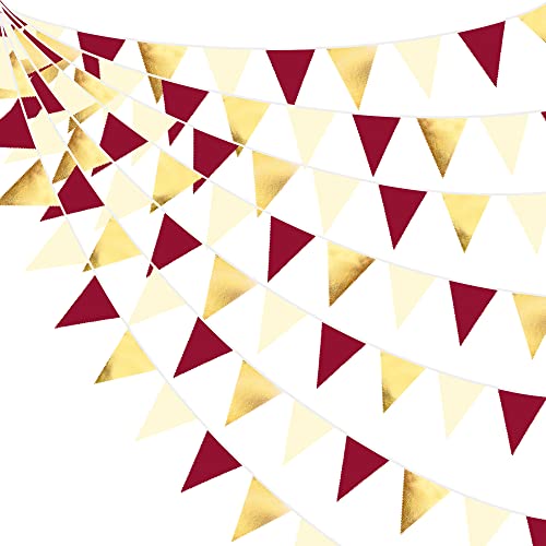 Burgundy Party Decorations Gold Maroon Beige Fabric Triangle Pennant Banner Garnet Flag Bunting Garland for Graduation Wedding Birthday Bridal Shower Bachelorette Anniversary Engagement Party Supplies (32 Foot)