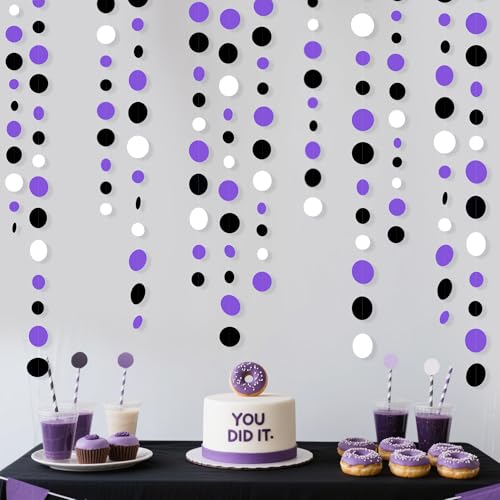 46Ft Purple Black Circle Dots Garlands Black Purple and White Polka Dot Hanging Paper Streamer Banners for Birthday Graduation Wedding Bridal Shower Halloween Party Decorations Supplies