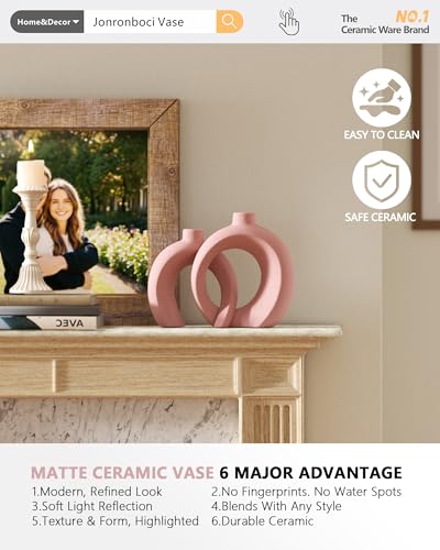 Set of 2 Pink Ceramic Vases for Home Decor Accents