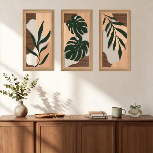 Boho Wood Tropical Framed Wall Art 12X24 Inch Large Mid Century Palm Leaves Wooden Wall Decor Minimalist Botanical Artwork for Living room Bedroom Set of 3