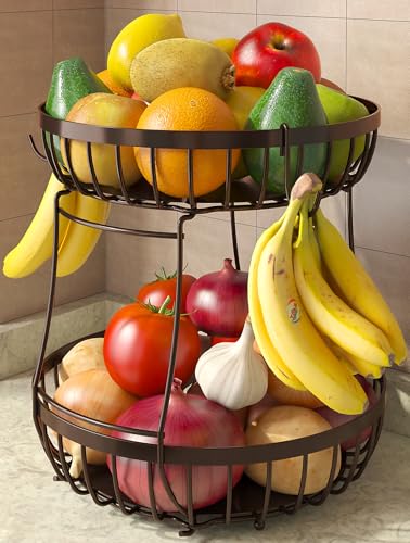 2 Tier Fruit Bowl for Kitchen Counter with Banana Hangers