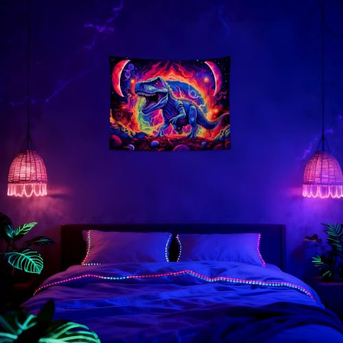 Blacklight Dinosaur Tapestry Wall Hanging Black Light Tapestries Uv Glow in the Dark Dino Poster for Teen Boys Room Bedroom 29x37in