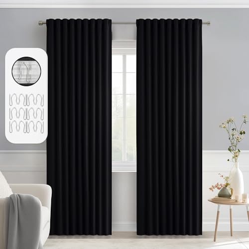 Black Back Tab Blackout Curtains 52x90 Inch Long 2 Panels Set (2 Count)
