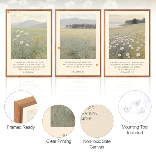 3 Pcs Wildflower Meadow Scripture Framed Wall Art 24x36 Inch