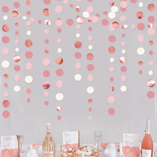Rose Gold Party Decorations Dusty Pink Circle Dots Garland Blush Pink Hanging Paper Polka Dot Streamer for Birthday Wedding Bridal Shower Bachelorette Engagement Anniversary Party Supplies
