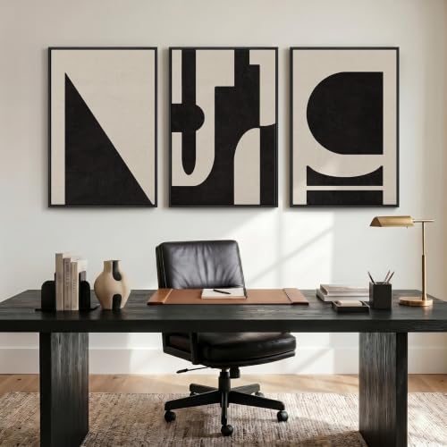 Large Framed Neutral Abstract Geometric Wall Art Set (3 Count)
