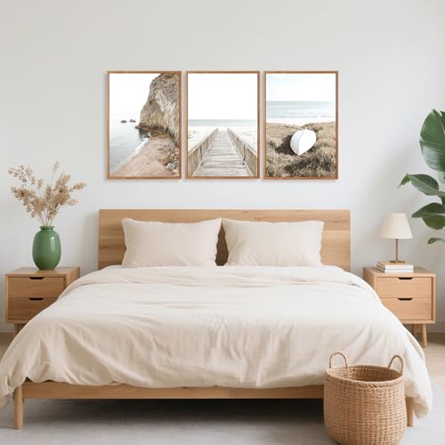 3 Pcs Neutral Beach Coastal Framed Canvas Wall Art 16x24 Inch