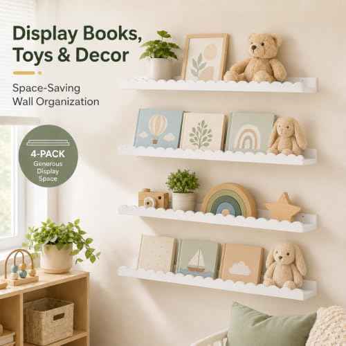 Extra Long White Scalloped Nursery Shelves for Wall (4 Count)