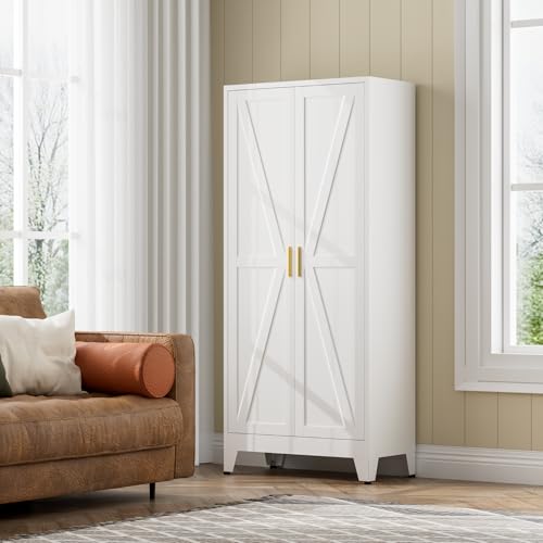White Farmhouse Storage Kitchen Pantry Cabinet with 2 Barn Door