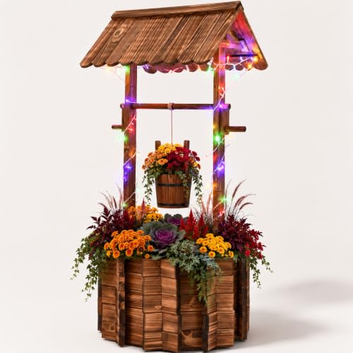54" Outdoor Wooden Wishing Well Planter with Colorful LED Lights