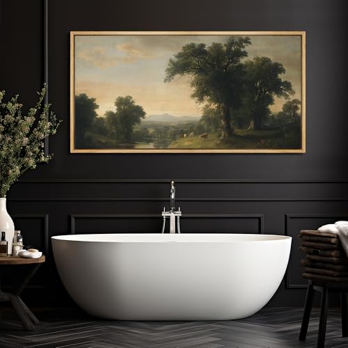 Extra Large Framed Canvas Print Wall Art Pastoral Countryside Landscape Serene River View with Cows and Trees Illustrations Fine Art Illustrations Decorative Colorful for Bedroom
