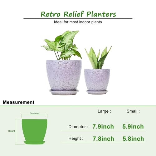 8 Inch + 6 Inch Retro Ceramic Planter Set of 2 with Drainage Hole and Saucer for Multiple Plants (2 Count)