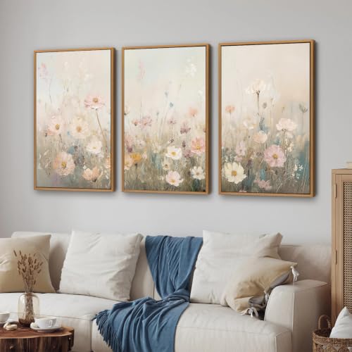 Dusty Pastel Floral Framed Canvas Wall Art Set