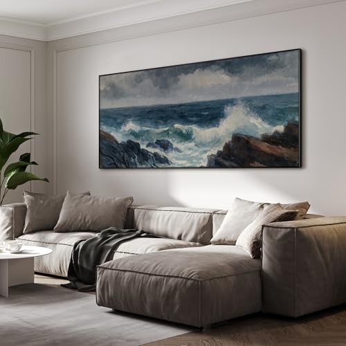 24"x46" Extra Large Framed Wall Art Rocky Seashore with Crashing Waves and Moody Sky for Home Living Room Bedroom Decor