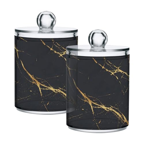 2 Pack Qtip Holder Organizer Dispenser Gold Black Marble Texture Bathroom Storage Canister Cotton Ball Holder Container for Cotton Pads (2 Count)