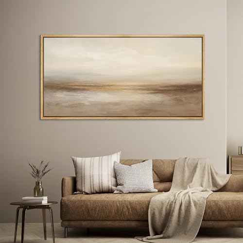 Extra Larg Framed Canvas Print Wall Art Neutral Beige Horizon Abstract Modern Minimalist Landscape Illustrations Decorative Colorful for Bedroom