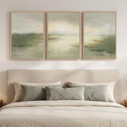 Framed Sage Green Abstract Landscape Wall Art for Bedroom
