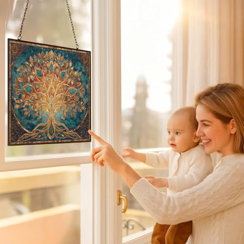 Rectangle Mosaic Sacred Geometry Tree of Life Stained Glass Suncatcher Window Hangings