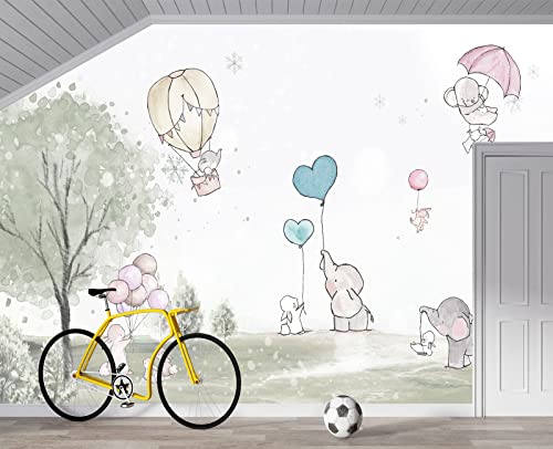 Cartoon Elephant Rabbit Balloon Nursery wall Mural Wallpaper 137" x 100" (95.12 Sq Ft)