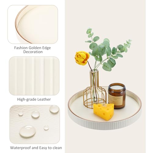 Round PU Leather Decorative Tray with Gold Trim