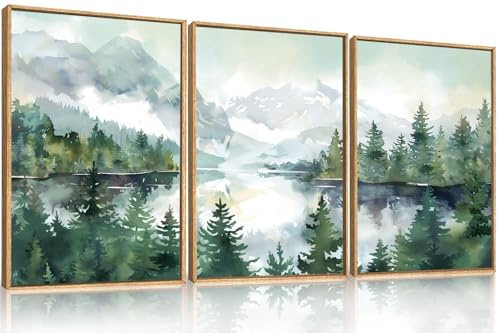 Watercolor Mountain Forest Framed Canvas Wall Art Set
