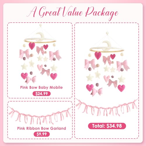 Pink Bow Baby Crib Mobile with Pink Ribbon Bow Garland Banner