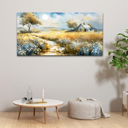 Wildflower Field Landscape Painting Modern Canvas Print Wall Art Rural Field Mural Artwork Living Room Dining Room Wall Decoation For Bedroom Office Farmhouse Home Decoration 24x48 Inches