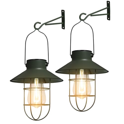 Solar Lanterns Outdoor Metal Solar Powered Hanging Lights Waterproof for Wall Barn Yard Garden Patio Garage Balcony Porch Fence Decor (2 Count)